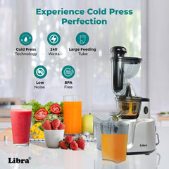 Libra Cold Press Juicer for Home, 48 RPM Whole Slow Cold Pressed Fruit Juicer with 240 Watts Powerful Motor, All-in-1 Juice Maker Machine for All Fruits and Vegetables (Silver)