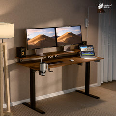 Green Soul Elevate Height Adjustable Engineered Wood Table with Monitor Riser | Integrated Organisation | Advance Memory Preset | 3 Year Warranty | Installation Provided (AntiqueWood, 1400 x 600 Top)