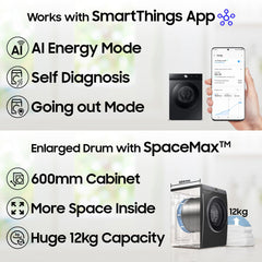 Samsung Smart Choice 12 kg, 5star, AI Ecobubble, Super Speed, Wi-Fi, Hygiene Steam with Inbuilt Heater, Digital Inverter, Fully-Automatic Front Load Washing Machine (WW12DG5B24AXTL, Inox)