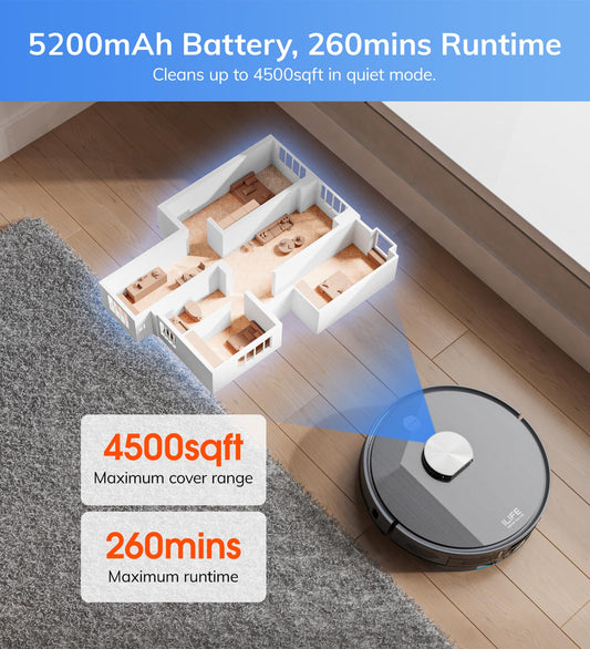 ILIFE A20 Pro Robot Vacuum Cleaner & Mopping,6500Pa Strong Suction,Advanced LiDAR Navigation,Customized Cleaning Upto 4500sft,5200mAh,WiFi App,Alexa,GH,Ideal for Cats,Dogs Hair