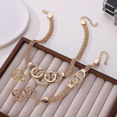 SYGA Women Necklace Set Gold-tone Five Rings Pattern Four Piece Jewelry Set Earrings Necklace Bracelet Ring Wedding Festival For Women