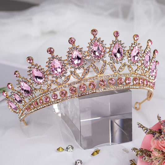 SYGA Princess Antique Bronze Crystal Rhinestone Bride Diamond Crown Tiaras Women Headband Wedding Jewelry Hair Accessories - Gold Pink