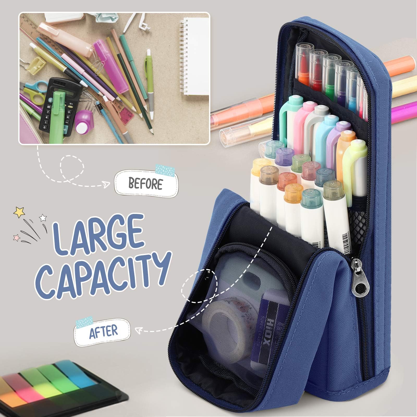 SYGA Standing Pencil Case Large Capacity Pen Bag, Polyester Pencil Bag Storage Box Desk Organizer, Multi-Layer Pencil Holder Stationery Pencil Holder for Office