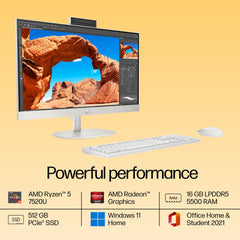 HP All-in-One Desktop 24 PC, AMD Ryzen 5 7520U, 16 GB LPDDR5, 512GB SSD, 60.5 cm (23.8"), Dual 2W Speakers,Windows 11,MSO, Shell White, 5.27 kg, 24-cr0025in