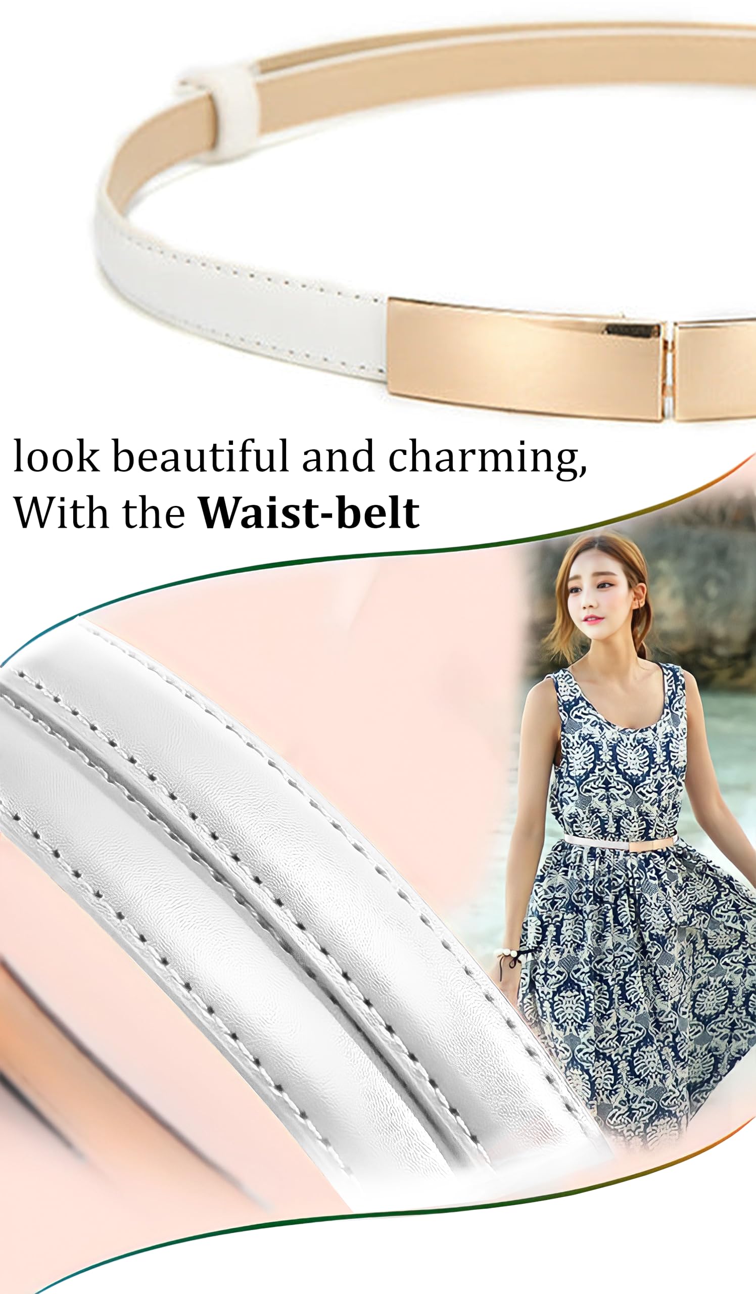 SYGA Women Leather Belt Thin Skinny Metal Gold Elastic Buckle Waistband 22-36 Waist Belt Dress Accessories