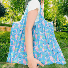 MOMISY Designer Pattern Reusable and Foldable Shopping Bag/Tote Hand bag/Travel Bag/Grocery Bag | Heavy Duty, Eco Friendly | Compact, Lightweight and Convenient (Blue Flamingo)