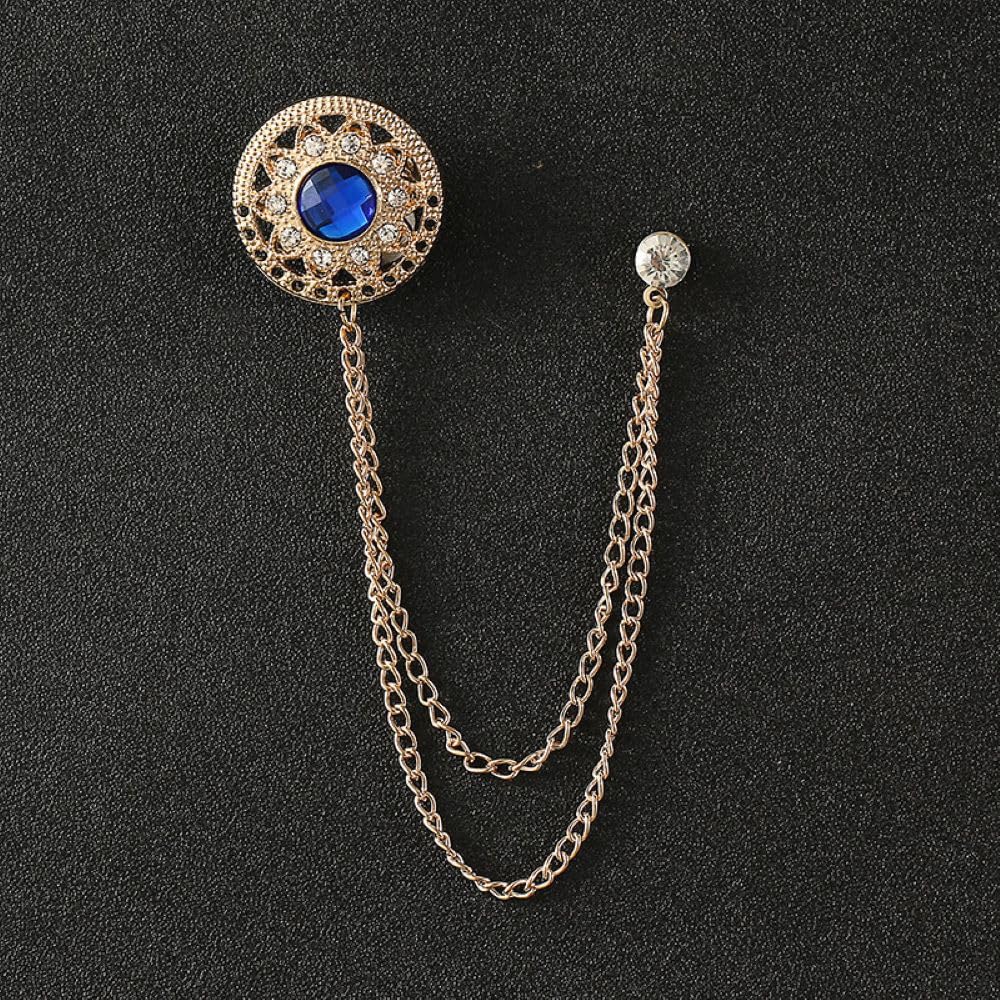 SYGA Men's & Women Suit Shirt Stud Lapel Pin Chain Tassel Brooch Pin with Crystal Chain(vintage blue)