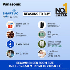 Panasonic 2.0 Ton 5 Star Premium Wi-Fi Inverter Smart Split AC (Matter Enabled, Higher Airflow, Copper Condenser, 7in1 Convertible, True AI, 4-Way, PM 0.1 Filter, CS/CU-NU24AKY5W, White)