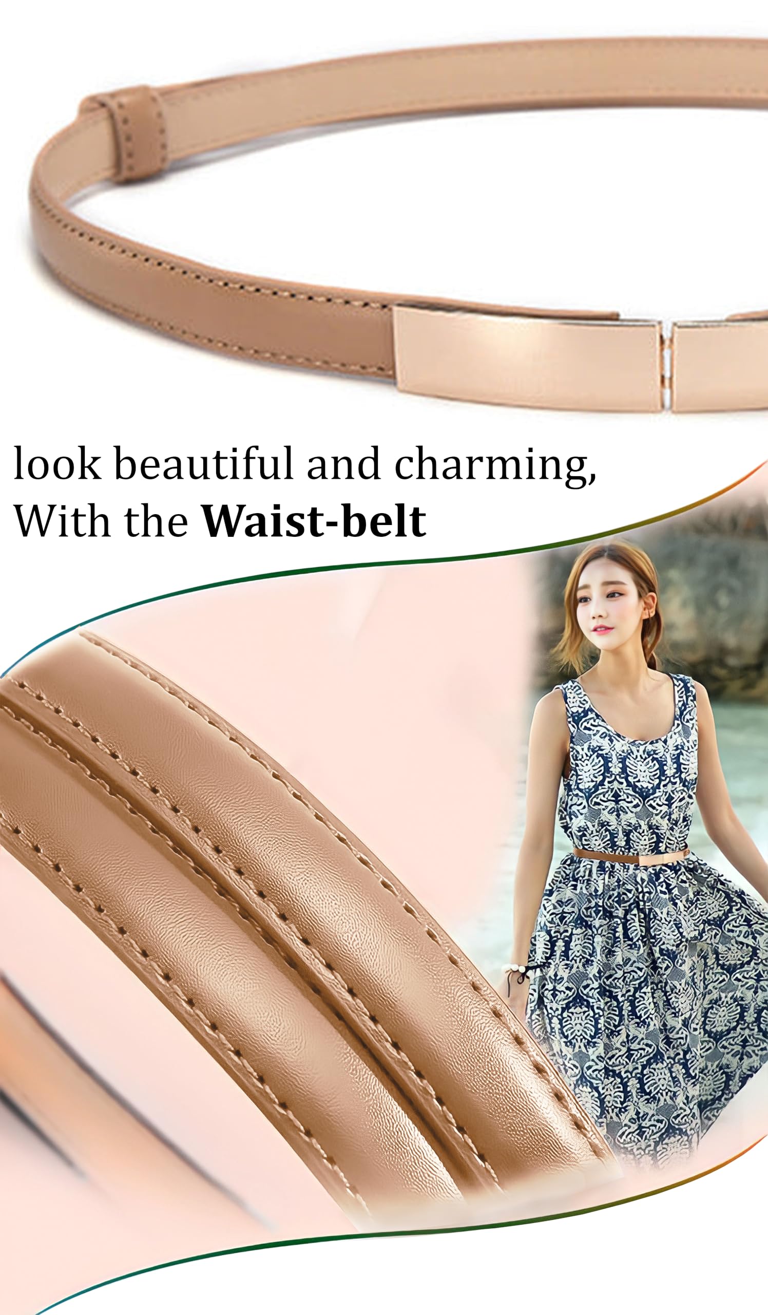 SYGA Women Leather Belt Thin Skinny Metal Gold Elastic Buckle Waistband 22-36 Waist Belt Dress Accessories(Camel)