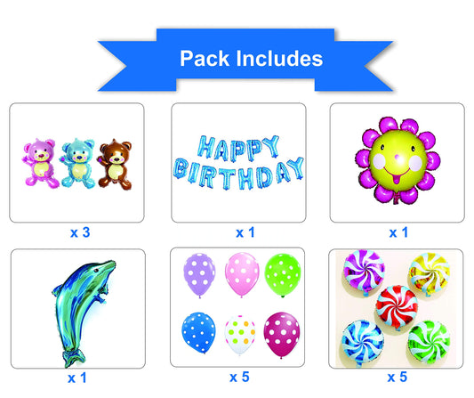 SYGA Cute Rainbow and Bear Theme Birthday Party Balloons Set (Blue)