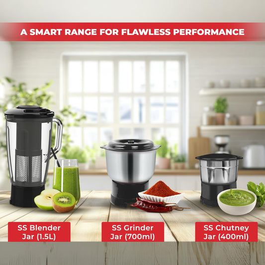 Maharaja Whiteline Odacio Pro Juicer Mixer Grinder With 3 Versatile Jars || 500 Watt || Food Grade Safe || 2 Year Warranty || Black and White