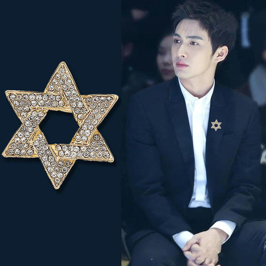 SYGA Brooch Pin Fashion Crystal Rhinestone Jewellery Pin Vintage Clothing Accessories Decoration Diamond-Filled Six-Pointed Star Gold Brooches For Men's - S90