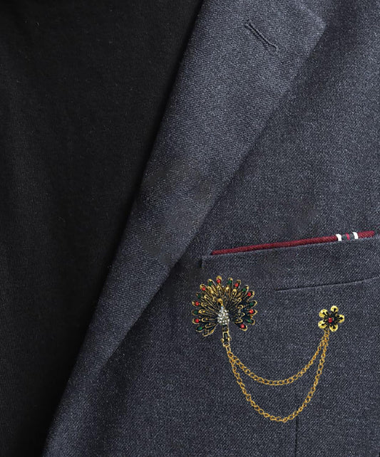 SYGA Men's & Women Classic Animal Peacock Corsage Suit With Eagle Chain Lapel Pin Tassel Brooch Pin with Crystal Chain(Peacock)