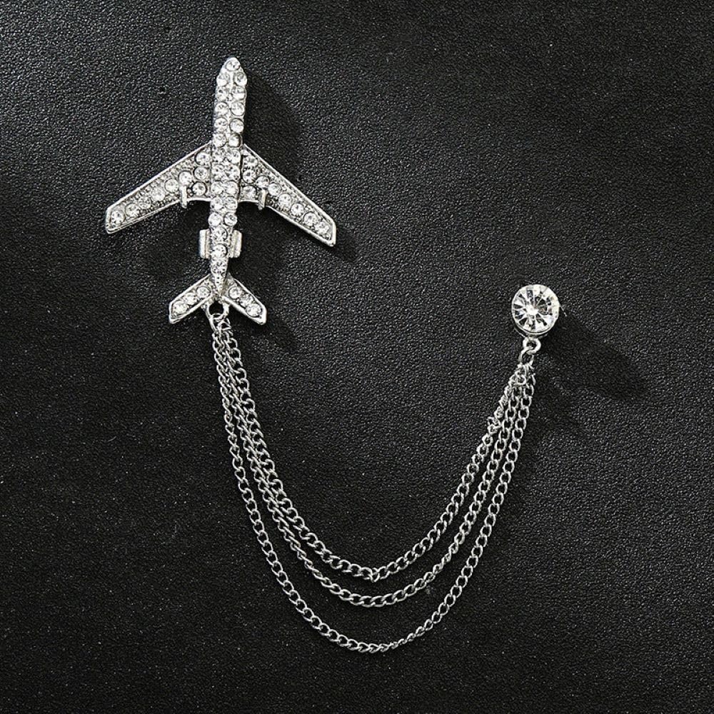 SYGA Men's & Women Suit Shirt Stud Lapel Pin Chain Tassel Brooch Pin with Crystal Chain(silver airplane)