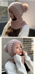 SYGA Women Winter Knitted Warm Hat With Scarf,Ear Protection Pompom Woolen Hat For Adult (White), Free Size