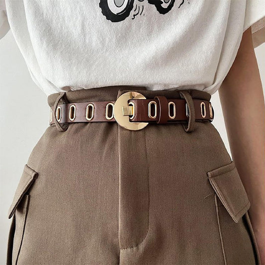 SYGA Women's Gold Oval Eyelet Belt Round Button Jeans Belt(Brown)