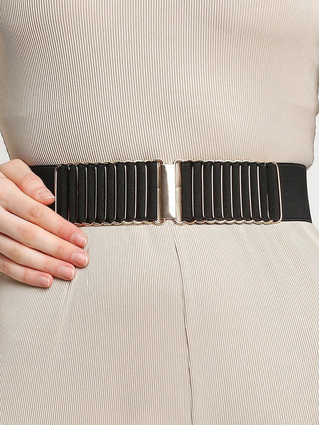 SYGA Women Cinch Belt,Elastic Stretchy Waist Belt with Abstract Metal Buckle Decorative Belt Dress Accessories(Black)
