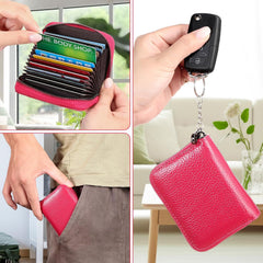 MOMISY PU Leather Credit Debit Card Holder Wallet Card Case ID Case Organizer Holder Zipper Wallet Coin Purse for Men & Women (14 Slots Rose Red)