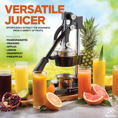 Eurolux Cast Iron Citrus Juicer | Commercial Grade Manual Hand Press | Countertop Squeezer for Fresh Fruit Juice (Bonus Stainless Steel Cup) (Black)