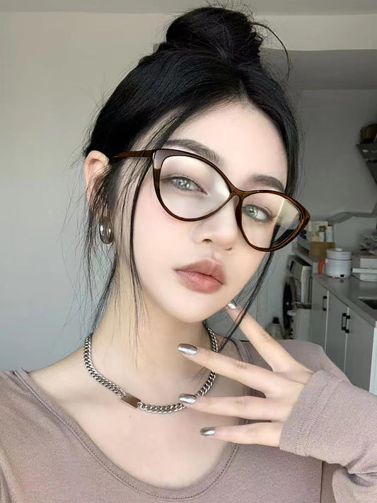 SYGA Style Cat-Eye Ultra-Light Sunglasses Anti-UV Big Face Myopia Sunglasses (Tortoiseshell frame)