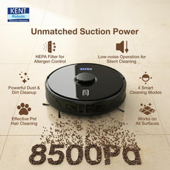 KENT RoboKlean R1 Black 2-in-1 AI Robotic Vacuum Cleaner & Mop, 8500Pa Suction, 5200mAh Battery, 3D Mapping, Laser Navigation, Wet & Dry Cleaning, 260 Minutes Run-Time, Floor & Carpet, Anti Fall