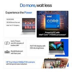 HP 15, 13th Gen Intel Core i7-1355U (16GB DDR4, 512GB SSD) FHD, Anti-Glare, 15.6’’/39.6cm, Win11, M365(1yr)* Office 24, Silver, 1.59kg, Iris Xe, FHD Camera w/Shutter, Backlit Laptop fd0468tu/fd0515tu