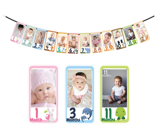 SYGA 1 to 12 Month Animal Photo Banner for Your Baby with Front Side Photo Space & Sweet Memory Writing Space Back Side of Banner