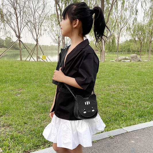 SYGA Children's Cat Shoulder Bag Cartoon Backpack PU Leather Kids Small Kitten Handbag Purse Wallet for Toddlers Kids (Black)