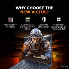 HP Victus, AMD Ryzen 7 7445HS, 6GB RTX 4050, 16GB DDR5(Upgradeable) 512GB SSD, 144Hz, IPS, 300nits, FHD, 15.6''/39.6cm, Win11, M365* Office24, Blue, 2.29kg, fb3118AX, Backlit, DTS Audio, Gaming Laptop