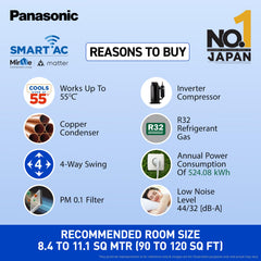 Panasonic 1.0 Ton 5 Star Premium Wi-Fi Inverter Smart Split AC (Matter Enabled, Higher Airflow, Copper Condenser, 7in1 Convertible, True AI, 4-Way, PM 0.1 Filter, CS/CU-NU12AKY5W, White)