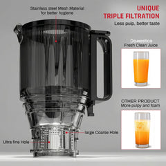 DOMESTICA Dripdrop Cold Press Juicer for Home with 108mm Wide Feed Chute | Slow Juicer Machine for Fruit, Veggie & Nut Milks | Smart Reversal Technology & Triple Strainers For High Nutrition