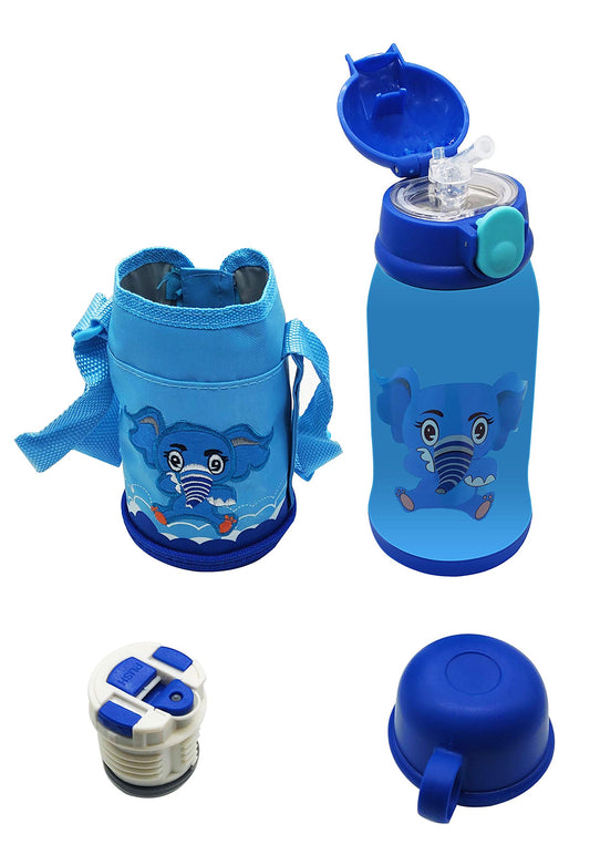 SYGA Cartoon Animal Pattern Stainless Steel School Drink Water Bottle for Kids with Straw_Elephant