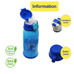 SYGA Cartoon Animal Pattern Stainless Steel School Drink Water Bottle for Kids with Straw_Elephant