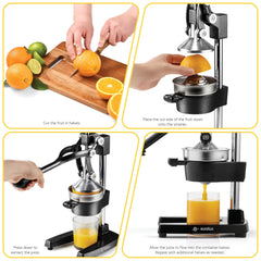Eurolux Cast Iron Citrus Juicer | Commercial Grade Manual Hand Press | Countertop Squeezer for Fresh Fruit Juice (Bonus Stainless Steel Cup) (Black)
