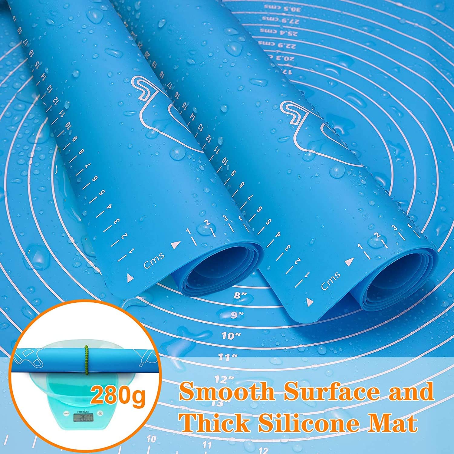 SYGA Silicone Baking Mat for Pastry Rolling Dough with Measurements - 19.7" x 15.7" BPA Free Non Stick and Non Slip Blue Table Sheet Baking Supplies for Bake Pizza Cake_Blue