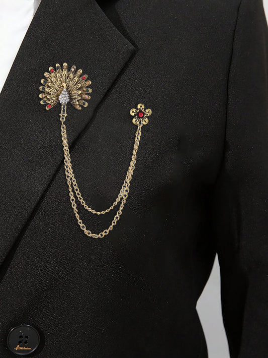 SYGA Men's & Women Suit Shirt Stud Lapel Pin Chain Tassel Brooch Pin with Crystal Chain(Peacock)