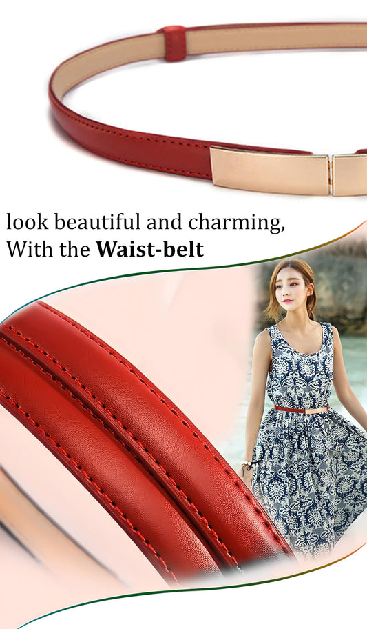 SYGA Women Leather Belt Thin Skinny Metal Gold Elastic Buckle Waistband 22-36 Waist Belt Dress Accessories(RED)