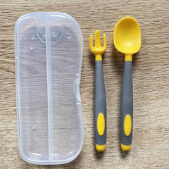 SYGA 2PCS Infant Baby Fork and Spoon Set Baby Feeding Learning Temperature Sensing Kid Utensils Toddler Anti-Choke Self Feeding Accessories (Baby Temperature Spoon Blue), Polypropylene, 3.5 inches