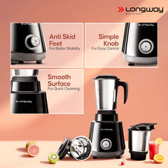 Longway Super Pro Juicer Mixer Grinder | Up to 750 Watt Powerful Motor | 4 Jars for Grinding, Mixing, Juicing | 2 Year Warranty | Black & Gray