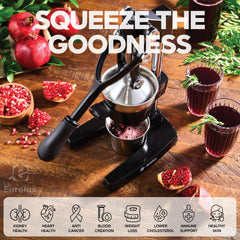 Eurolux Cast Iron Citrus Juicer | Commercial Grade Manual Hand Press | Countertop Squeezer for Fresh Fruit Juice (Bonus Stainless Steel Cup) (Black)