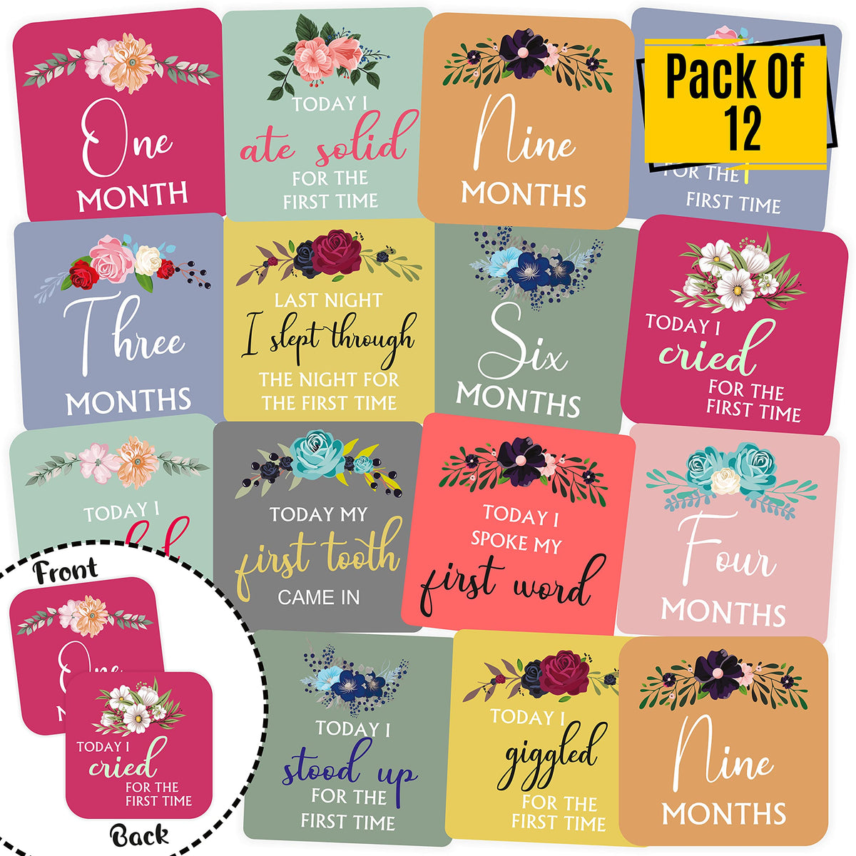 SYGA Flower Design Newborn Baby Monthly Age Milestone Cards - (Paper, Size: 16 x 11.5 cm, Multicolour) -Set of 12 Cards