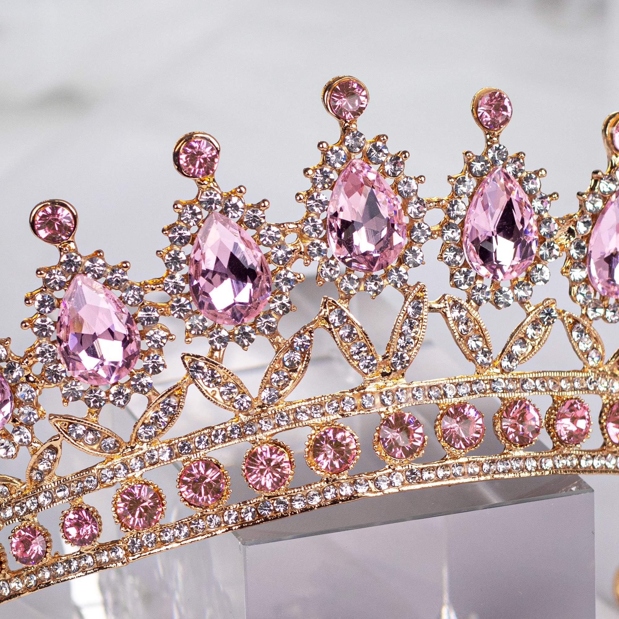 SYGA Princess Antique Bronze Crystal Rhinestone Bride Diamond Crown Tiaras Women Headband Wedding Jewelry Hair Accessories - Gold Pink