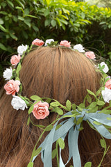 SYGA Women Silk Rose Floral Crown Hair Wreath Leave Flower Headband Tiara with Adjustable Ribbon for Girls, Pack of 1 - Blue