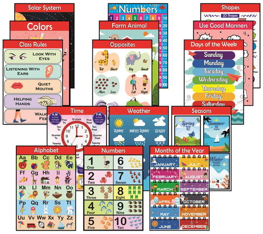 SYGA Large-Sized Educational Poster, Easy to Read and Learn, Design for Young Children, Nursery, School, Nursery, Classroom, playroom, Alphabet, Numbers, Days, Colors and More (15 Pieces)