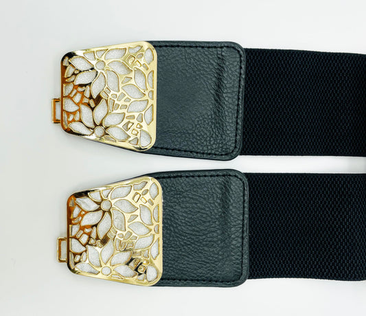 SYGA Women Cinch Belt, PU Leather Stretchy Waist Belt with Floral Lotus Metal Buckle, Retro Style - Black