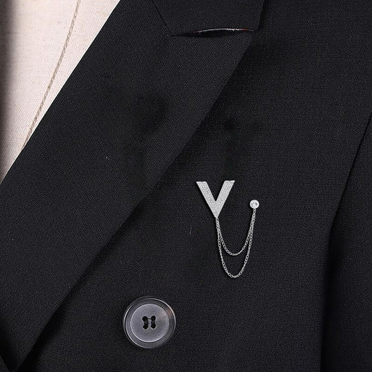 SYGA Men's & Women Suit Shirt Stud Lapel Pin Chain Tassel Brooch Pin with Crystal Chain(Big V silver)