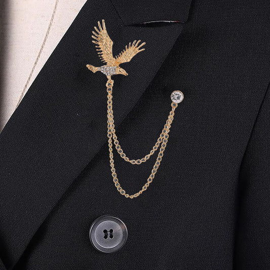 SYGA Men's & Women Suit Shirt Stud Lapel Pin Chain Tassel Brooch Pin with Eagle Design and Crystal Chain(Gold)