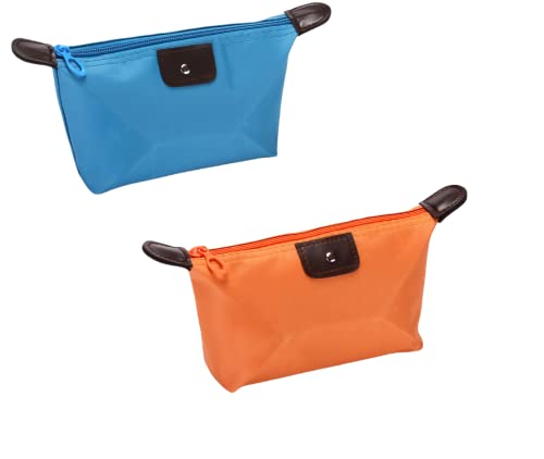 SYGA 2 Pcs Women Cosmetic Makeup Mini Nylon Bag Pouch Organizer Storage Bag Pouch Holder (Blue & Orange)