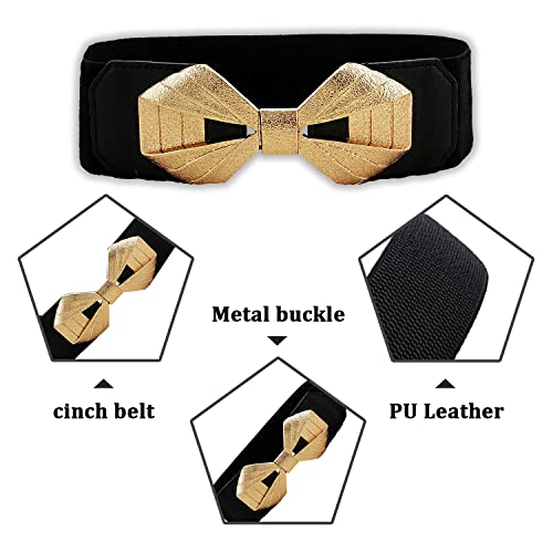 SYGA Women Cinch Belt, PU Leather Stretchy Waist Belt with Bowtie Ribbon Metal Buckle, Retro Style - Black