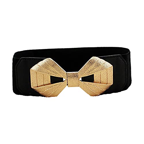 SYGA Women Cinch Belt, PU Leather Stretchy Waist Belt with Bowtie Ribbon Metal Buckle, Retro Style - Black